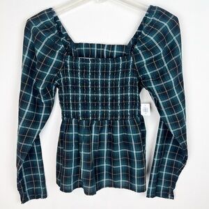 NWT Old Navy Plaid Smocked Square Neck Babydoll Top Peasant Academia XS Holiday